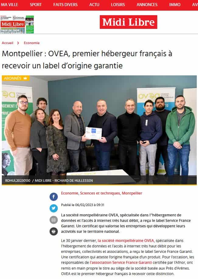 Midi Libre OVEA certifiée Service France Garanti